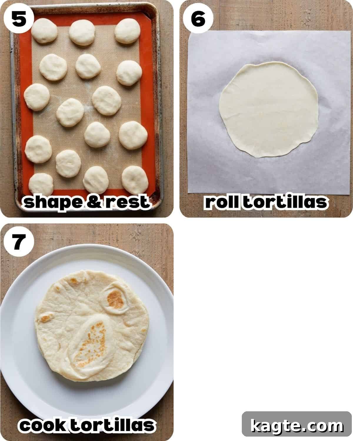 A 3-photo collage showing the final steps for homemade flour tortillas, from rolling to cooking on a skillet.
