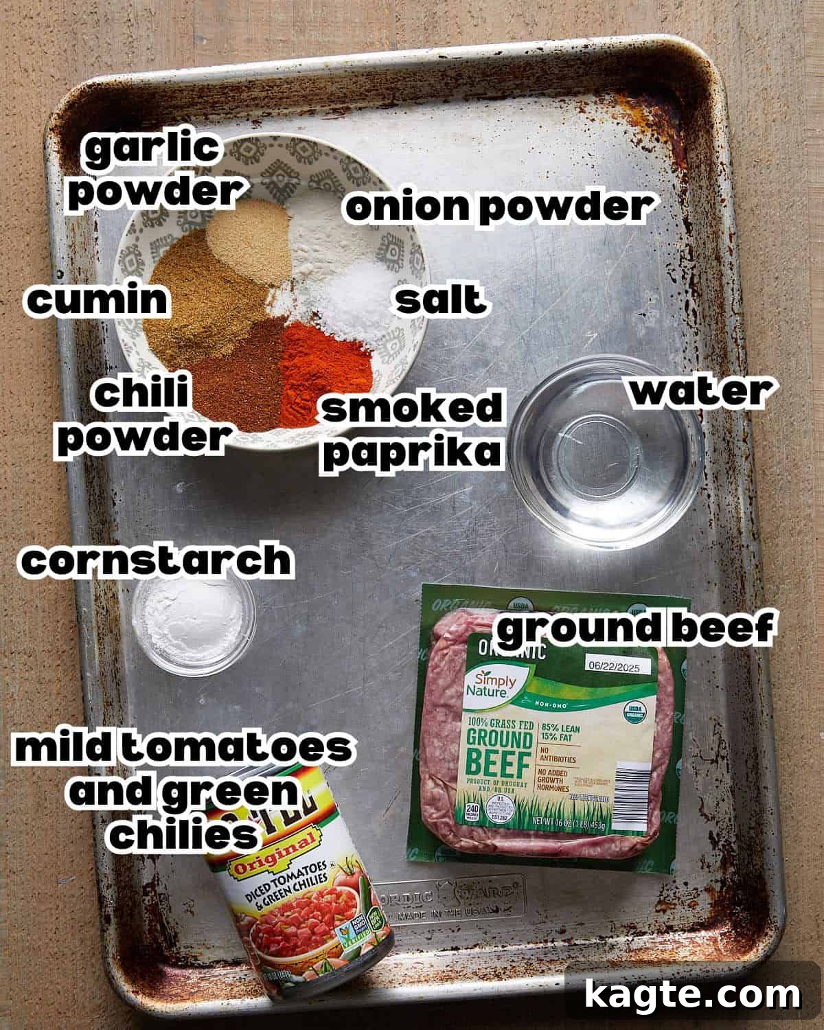 Overhead image of ingredients needed to make beef soft tacos.
