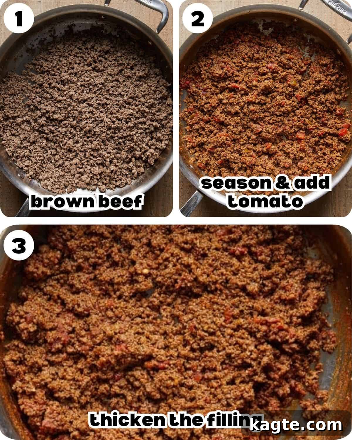 A three photo collage showing the steps for beef soft tacos.