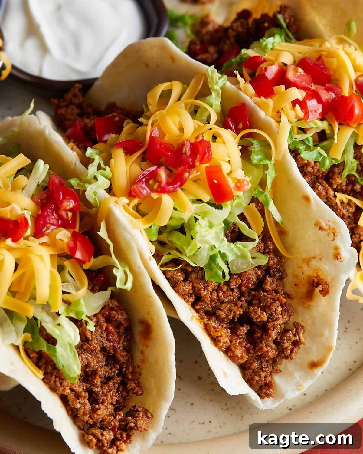 Up close image of beef soft tacos with garnish.
