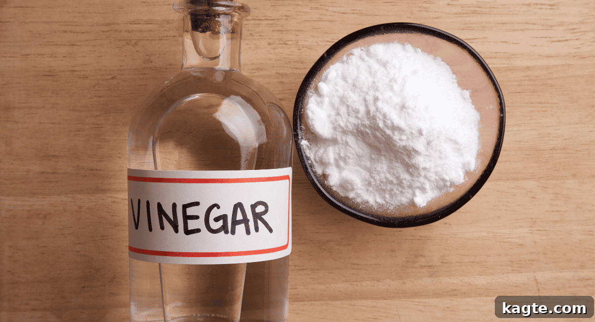 Clever Replacements for Rice Vinegar 6 Overhead image of white distilled vinegar in liquid form and a small pile of white powder, likely sugar.