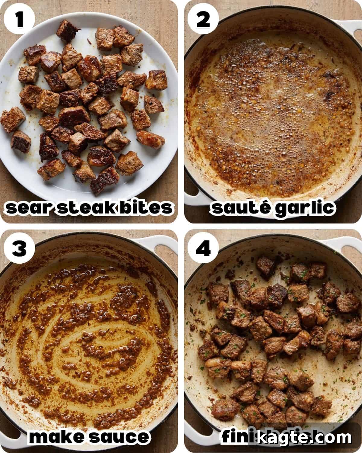 Succulent Garlic Butter Steak Bites 4 A four photo collage showing the steps for garlic butter steak bites.