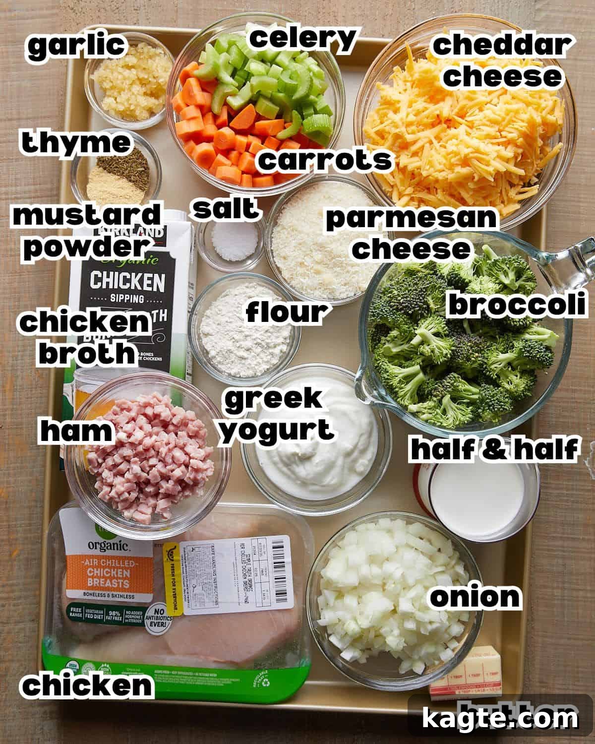 Protein Packed Chicken Broccoli Cheddar Soup 3 Overhead image of ingredients needed to make chicken broccoli cheddar soup.