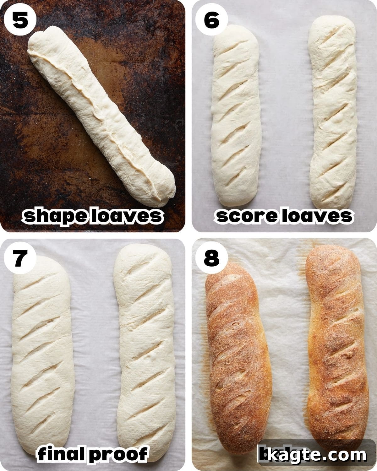 Perfectly Crusty Homemade French Bread 5 A four photo collage showing last steps for French bread recipe.