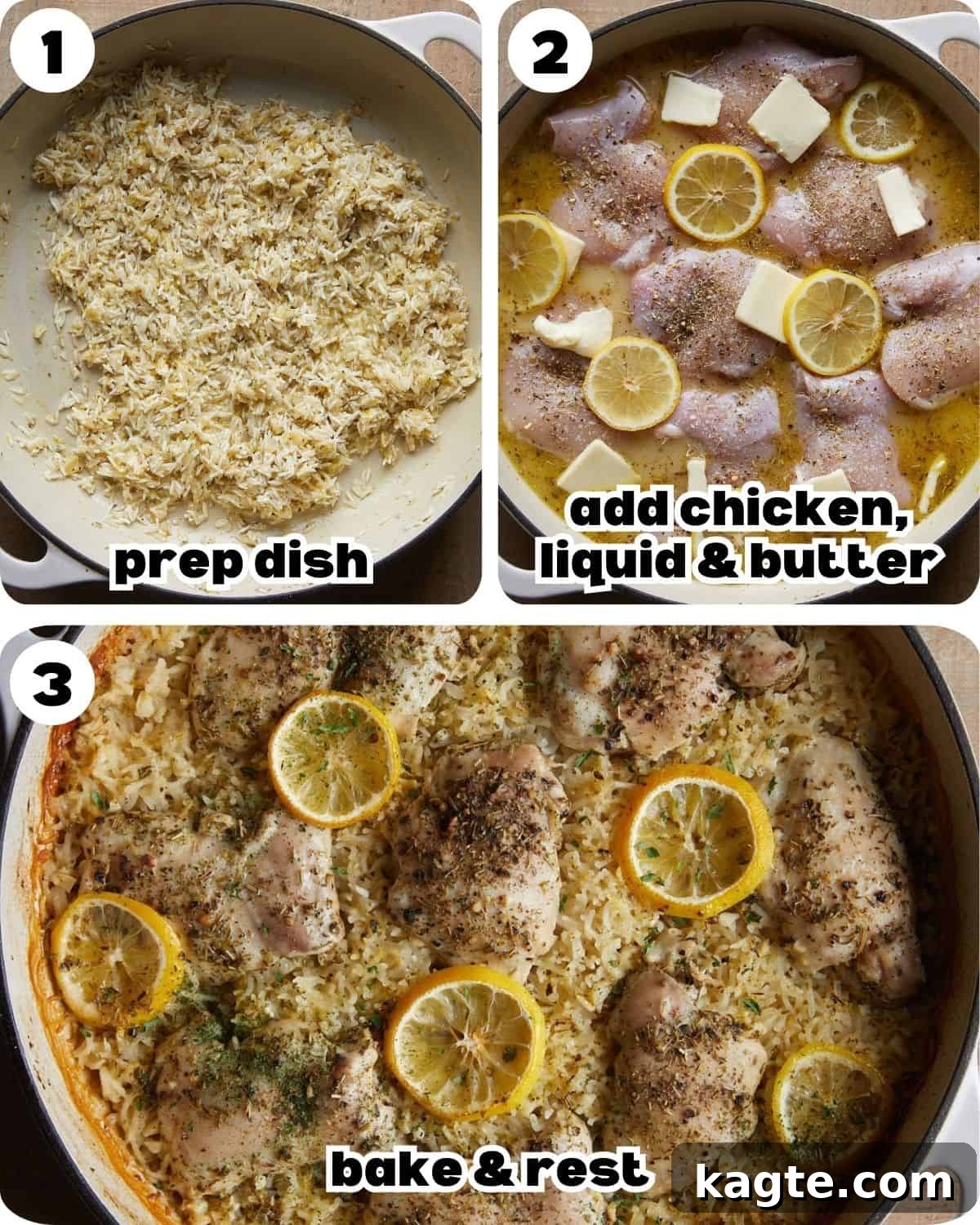 Zesty Lemon Chicken and Rice Bake 4 A three photo collage showing the steps for baked lemon chicken and rice.