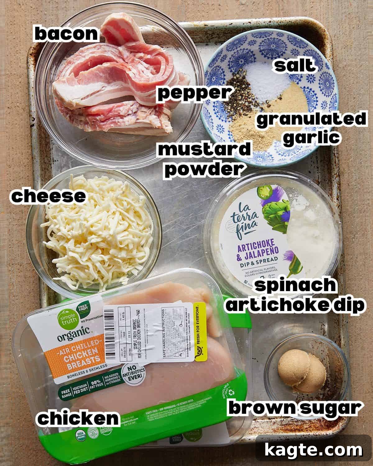 Crispy Bacon-Wrapped Stuffed Chicken Breast, Oven-Baked 3 Overhead image of ingredients needed to make bacon wrapped stuffed chicken breasts.