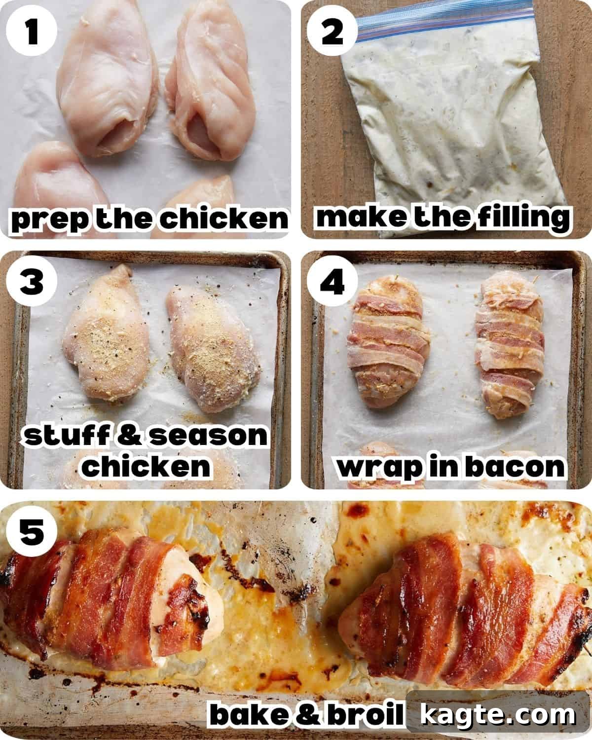 Crispy Bacon-Wrapped Stuffed Chicken Breast, Oven-Baked 4 A five photo collage showing the steps for bacon wrapped stuffed chicken breasts.