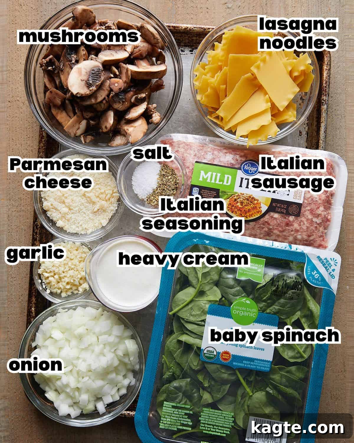 Velvety White Lasagna Soup with Zesty Italian Sausage 3 Overhead image displaying all the fresh ingredients carefully laid out for making white lasagna soup.