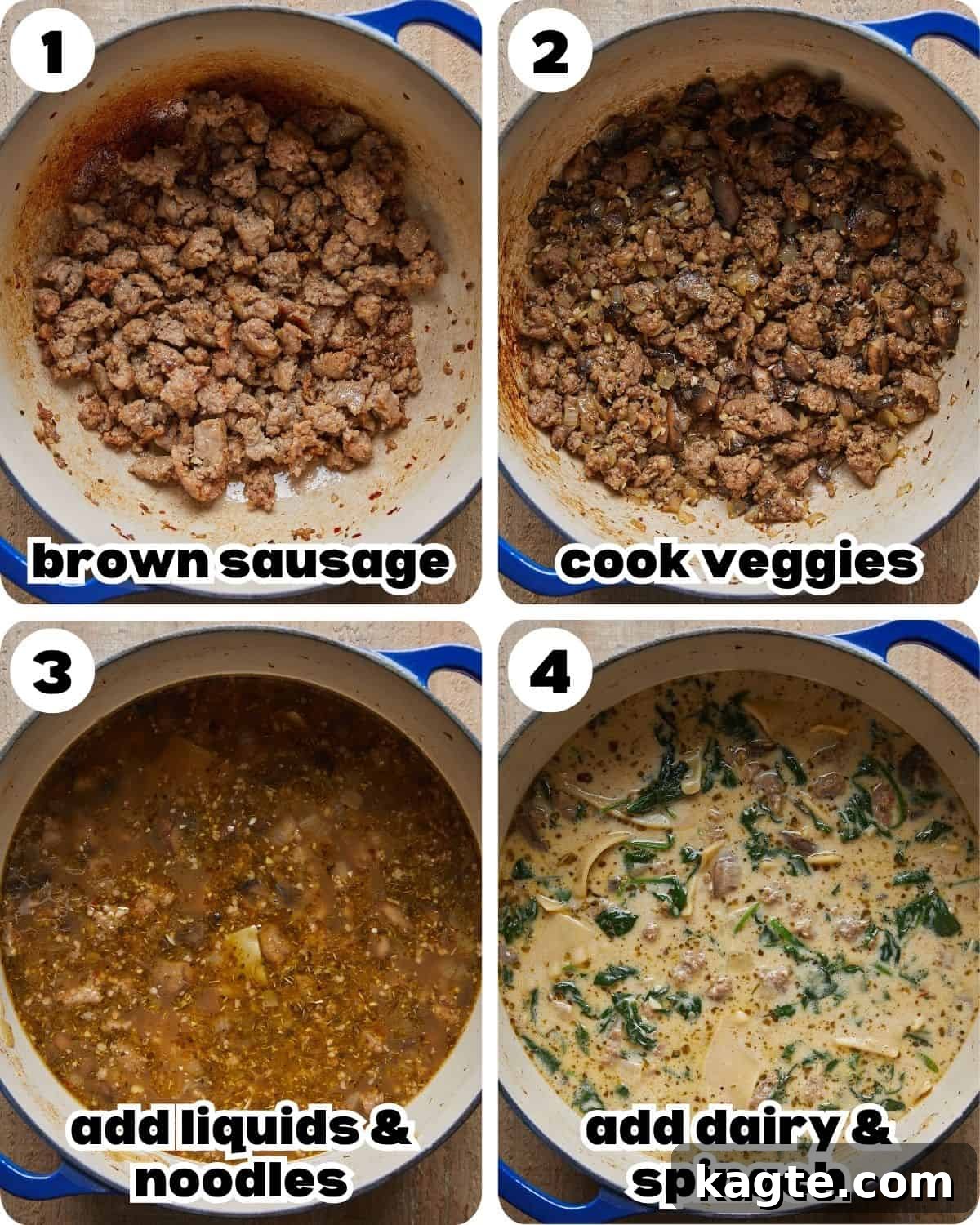 Velvety White Lasagna Soup with Zesty Italian Sausage 4 A four-photo collage illustrating the essential steps for preparing creamy white lasagna soup, showing the sausage browning, vegetables sautéing, noodles simmering, and the final creamy mixture.