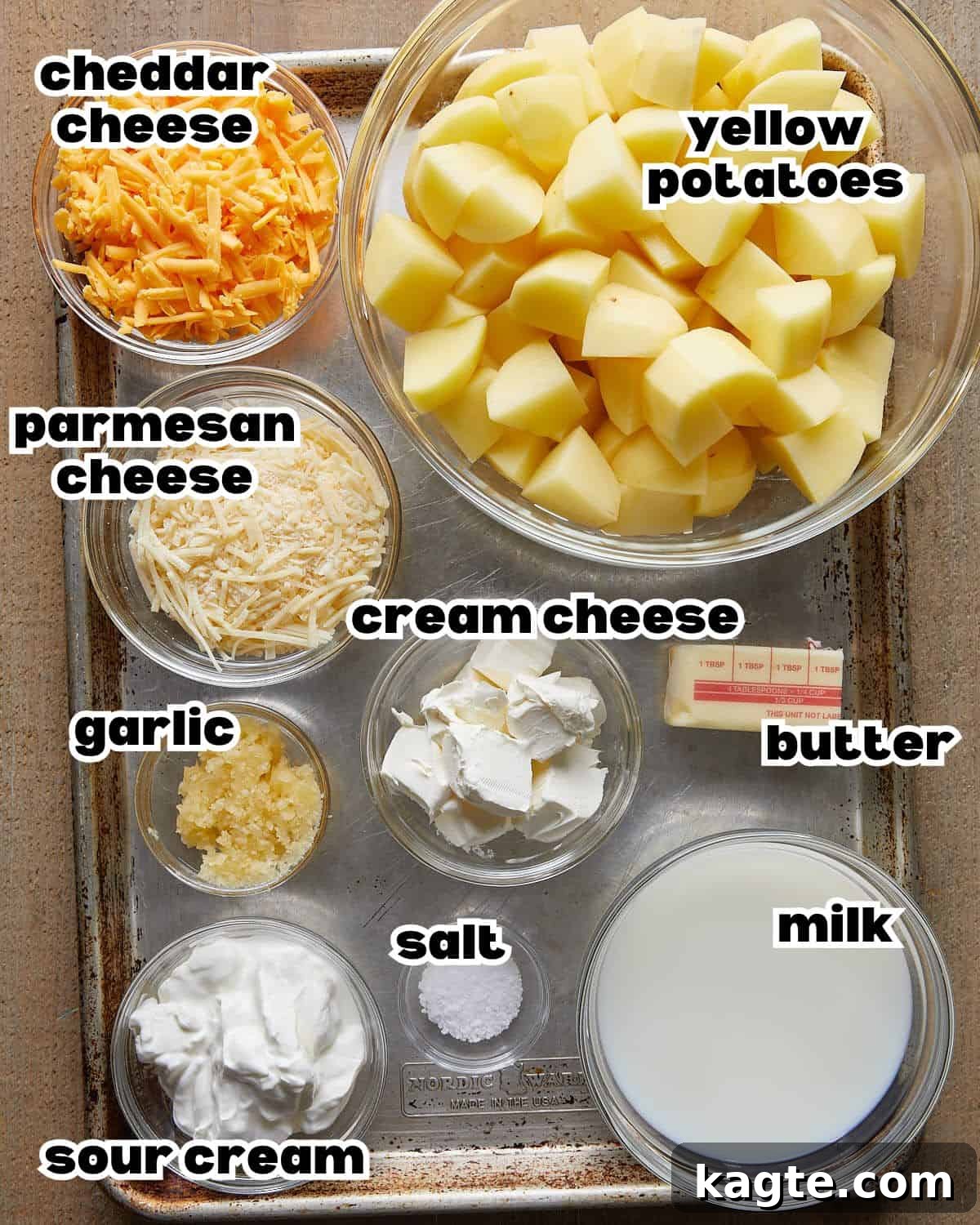 Effortless Gooey Cheesy Potatoes 3 Overhead image of ingredients needed to make cheesy mashed potatoes.