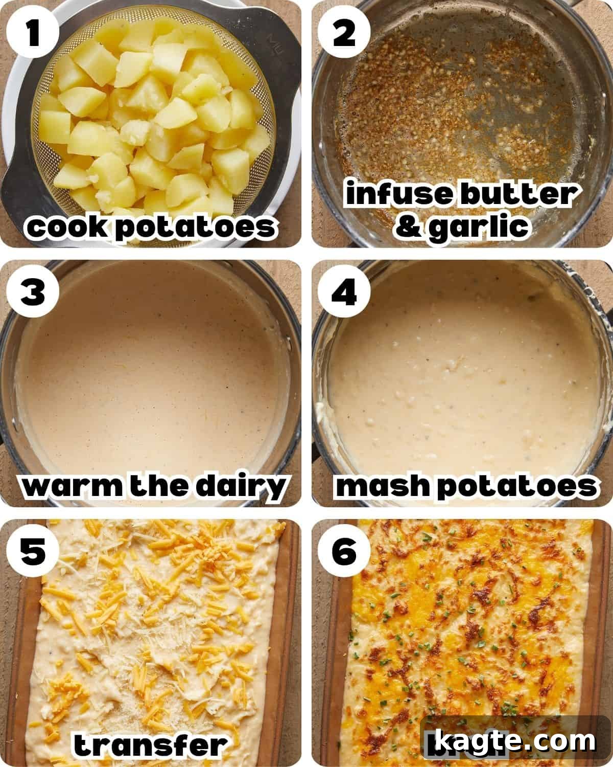 Effortless Gooey Cheesy Potatoes 4 A 6 photo collage showing the steps for cheesy mashed potatoes.