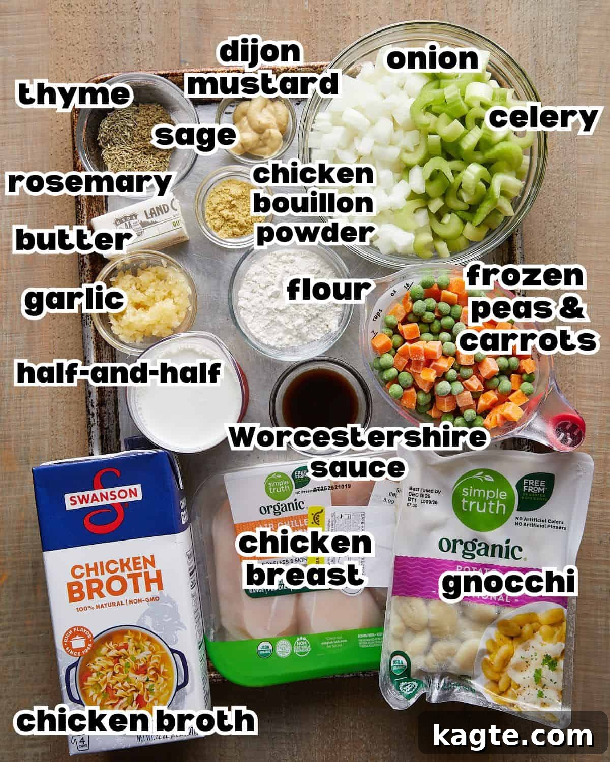 Overhead image of ingredients needed to make chicken and dumplings with gnocchi.