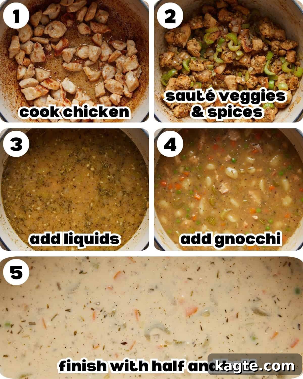 A five photo collage showing the steps for chicken and dumplings with gnocchi.