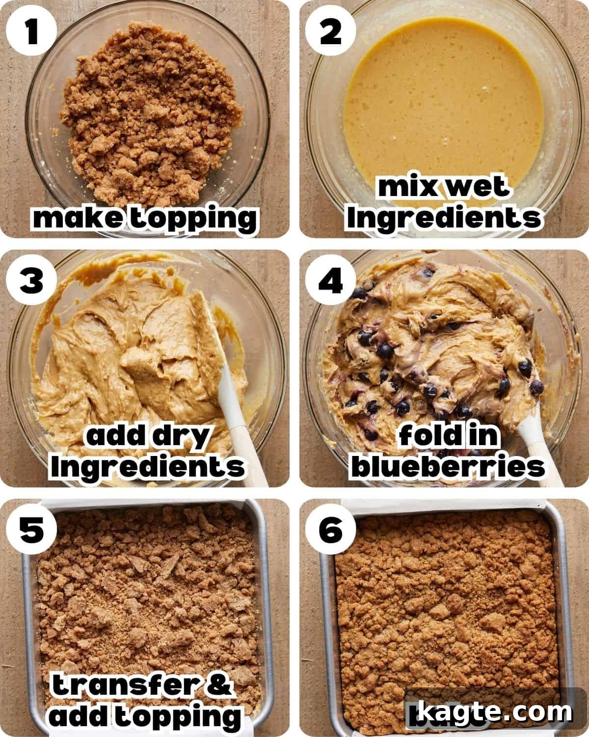 Tangy Greek Yogurt Blueberry Coffee Cake with Buttery Streusel 4 A 6-photo collage illustrating the step-by-step process of making blueberry coffee cake, from mixing ingredients to adding streusel and baking.