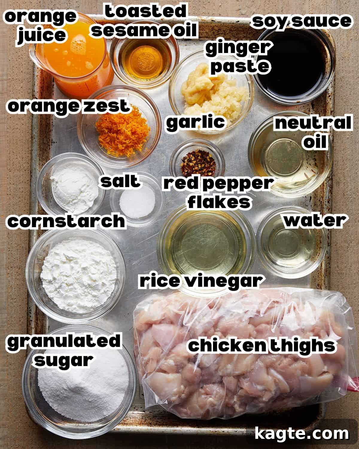 Overhead image of ingredients needed to make easy orange chicken recipe. 