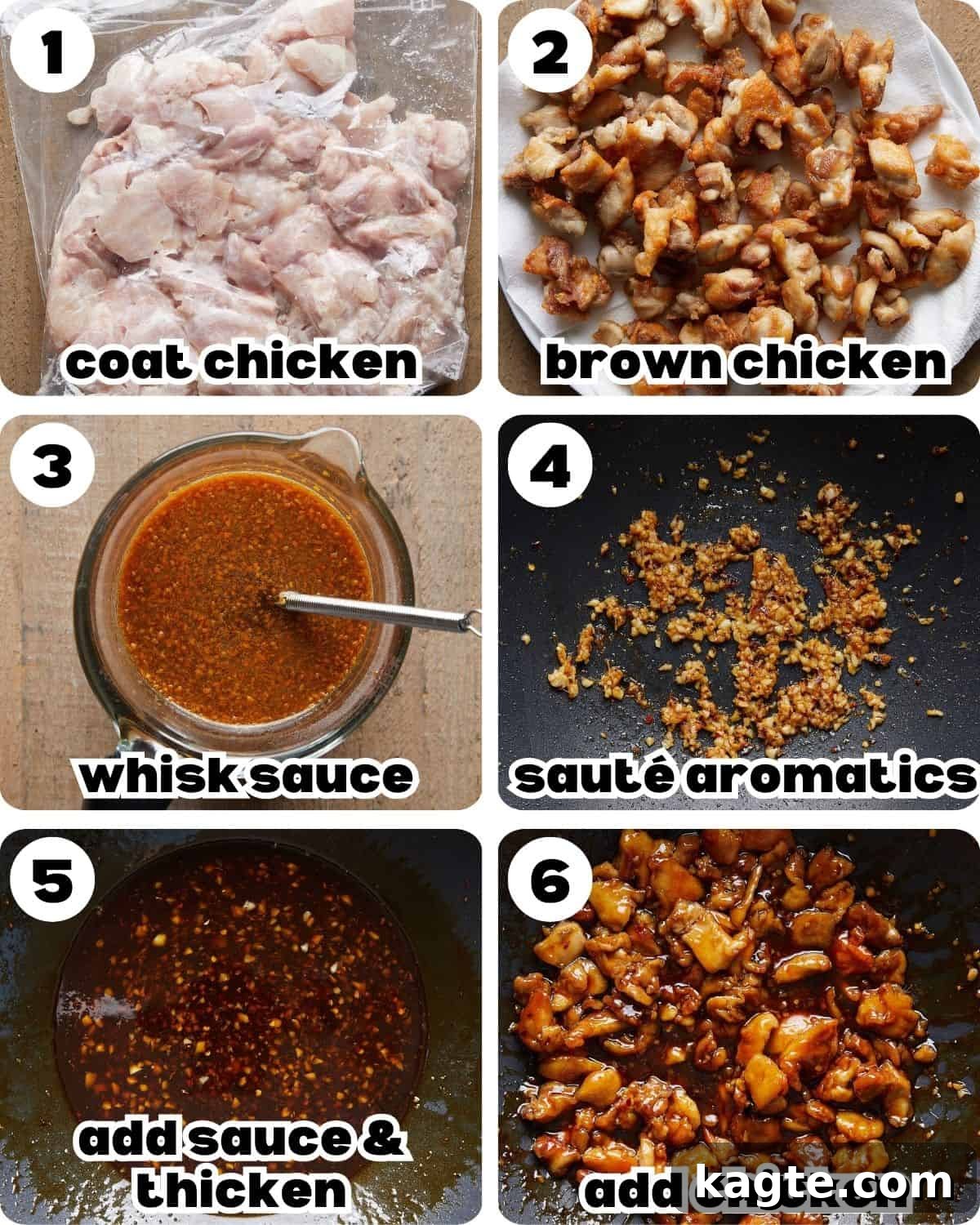 A 6 photo collage showing the steps for easy orange chicken recipe. 