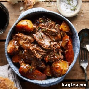 Overhead view of Dutch Oven Pot Roast in a blue bowl.