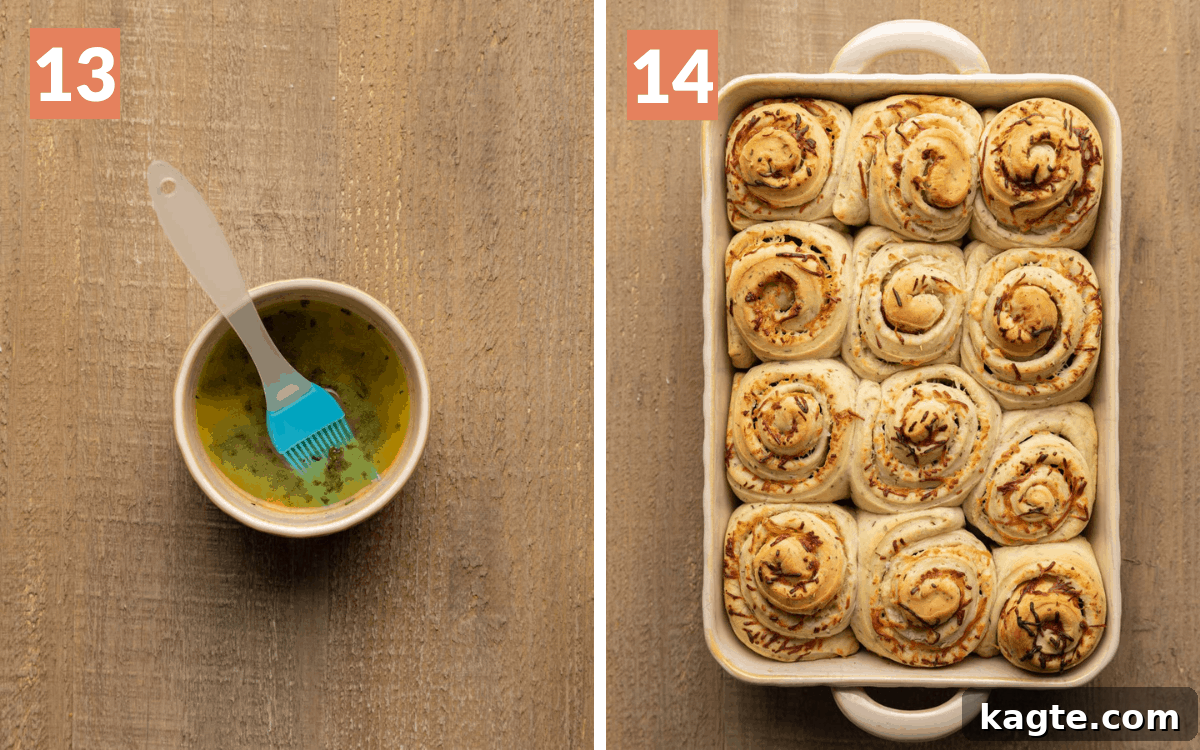 Cheesy Garlic Herb Swirl Rolls 12 Two images side by side. Left shows a bowl of prepared garlic butter topping. Right shows the finished, golden-brown rolls in a casserole dish, fresh out of the oven.
