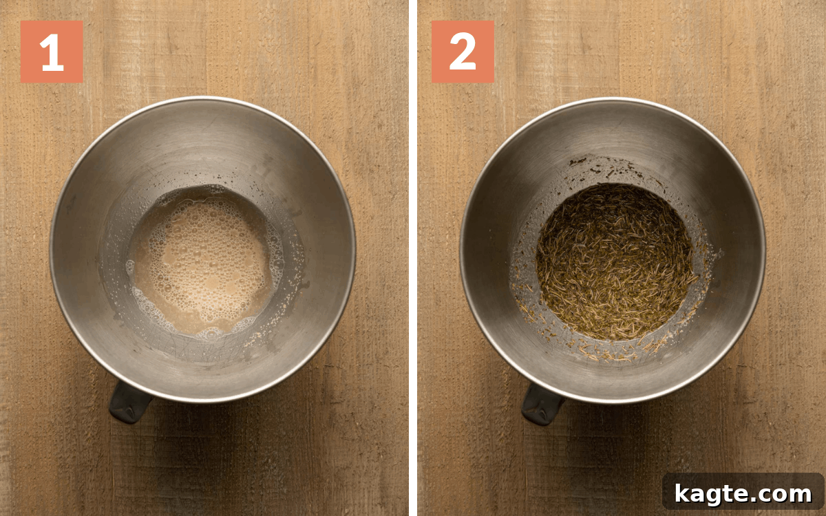 Cheesy Garlic Herb Swirl Rolls 6 Two images side by side. Left shows frothy yeast mixture in a stand mixer bowl. Right shows herbs and melted butter added to the mixture, ready to be whisked.