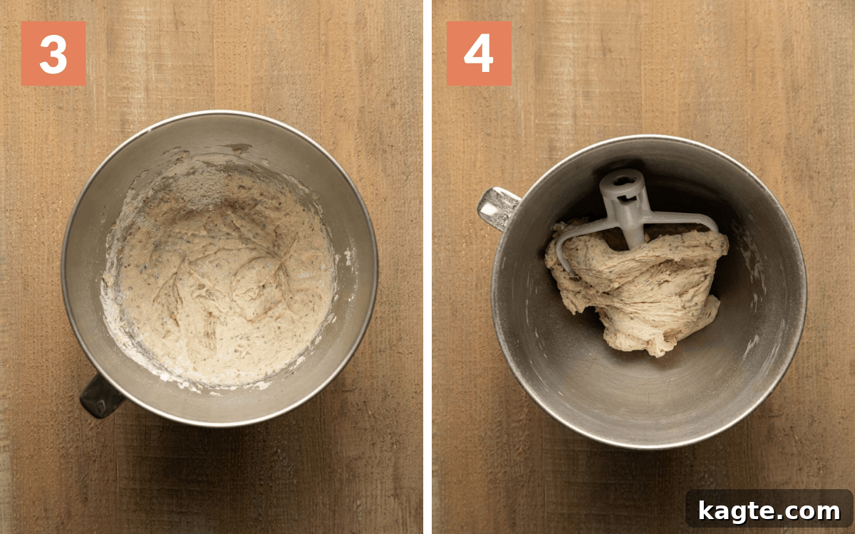 Cheesy Garlic Herb Swirl Rolls 7 Two images side by side. Left shows partially mixed dough with flour in the bowl. Right shows fully kneaded dough wrapped around the stand mixer's hook attachment.