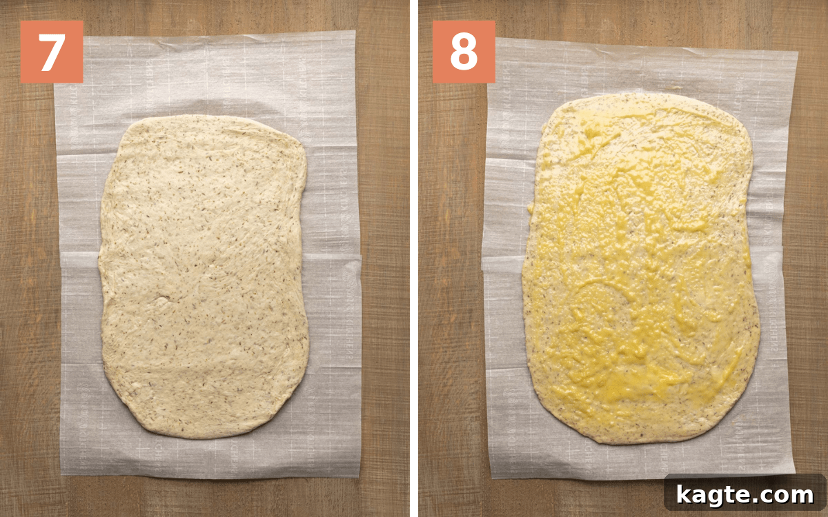 Cheesy Garlic Herb Swirl Rolls 9 Two images side by side. Left shows dough rolled into a rectangle on a floured surface. Right shows the dough rectangle brushed with the garlic butter filling.