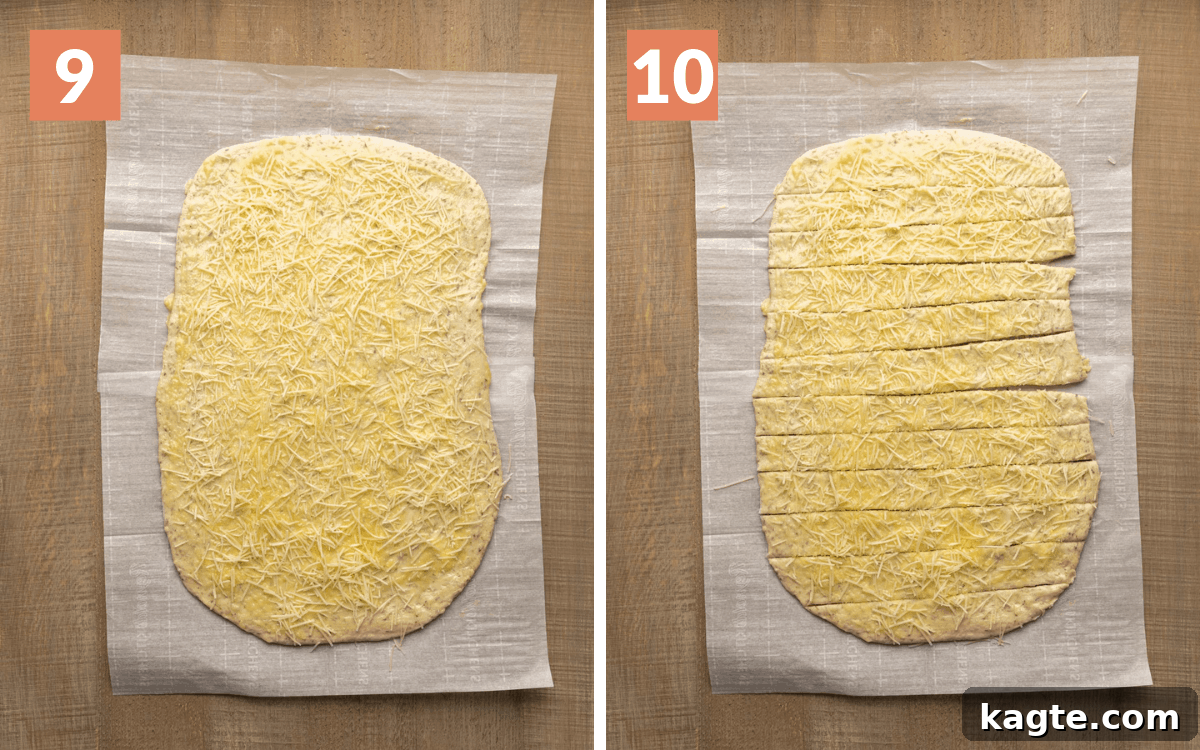 Cheesy Garlic Herb Swirl Rolls 10 Two images side by side. Left shows dough rectangle sprinkled with cheese. Right shows the cheese-covered dough cut into 12 strips using a pizza cutter.