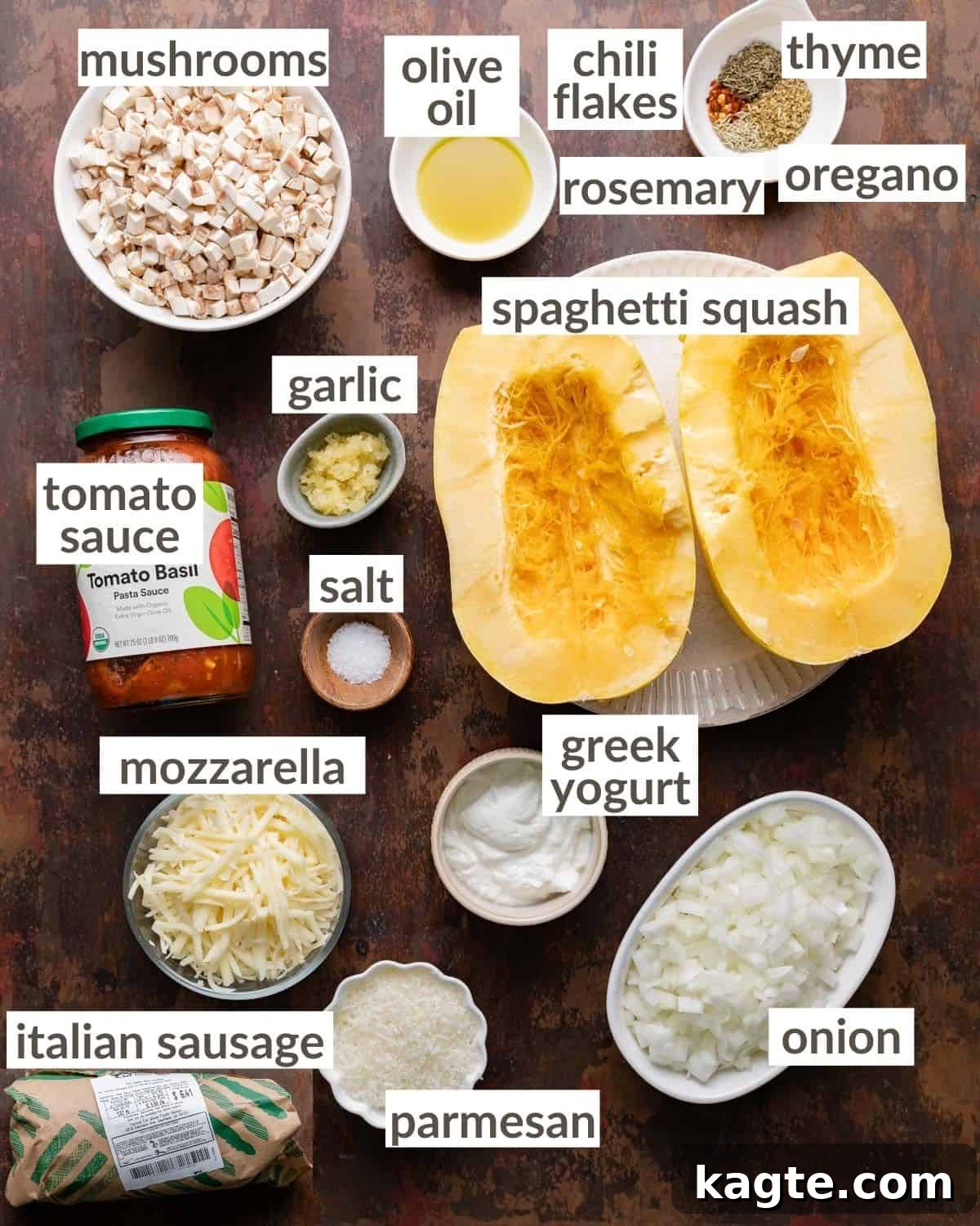Overhead image of ingredients needed to make spaghetti squash casserole. 