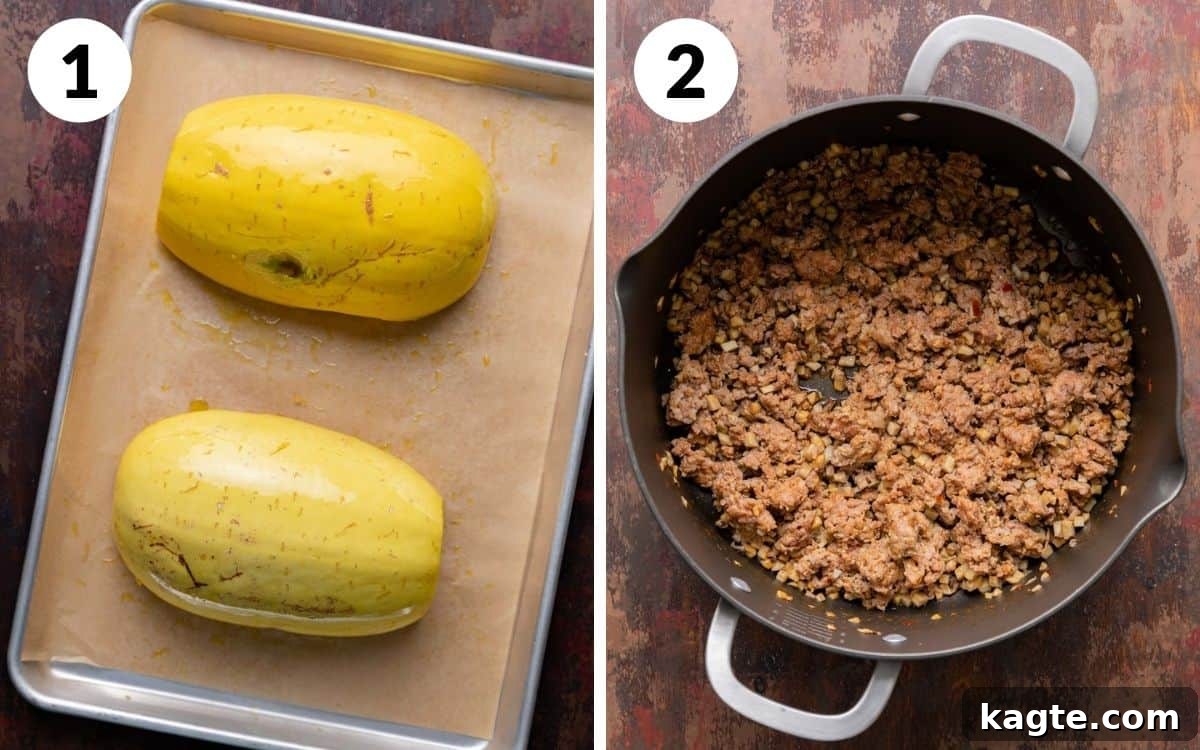 A two photo collage showing first two steps for baked spaghetti squash casserole. 
