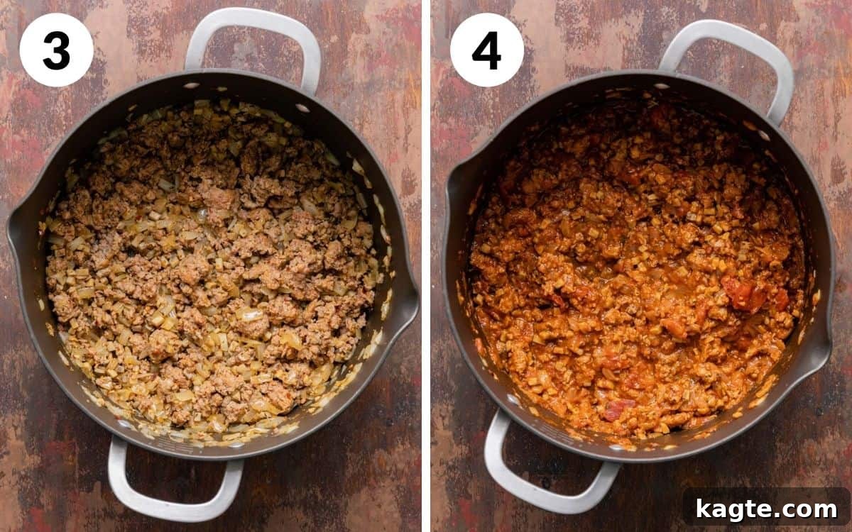 Two photo collage showing steps 3 & 4 for baked spaghetti squash casserole. 