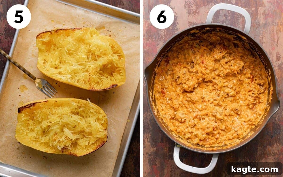 A two photo collage showing steps 5 & 6 for baked spaghetti squash casserole. 