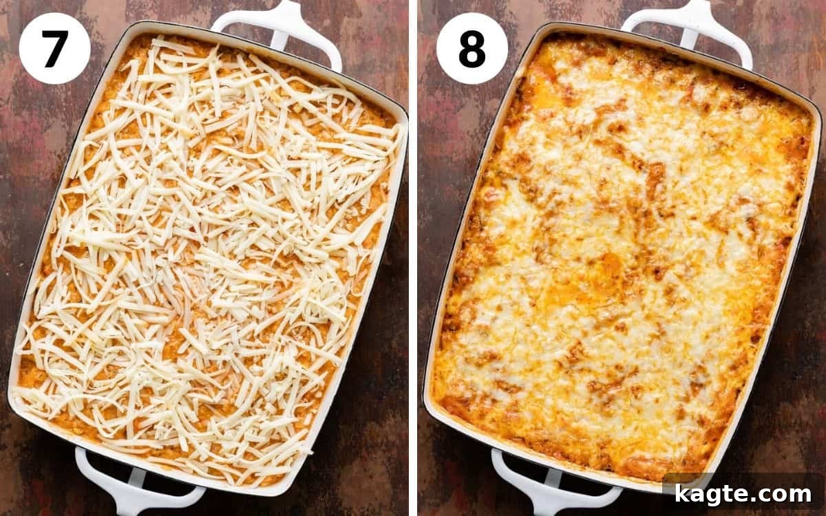 A two photo collage showing steps 7 & 8 for baked spaghetti squash casserole. 