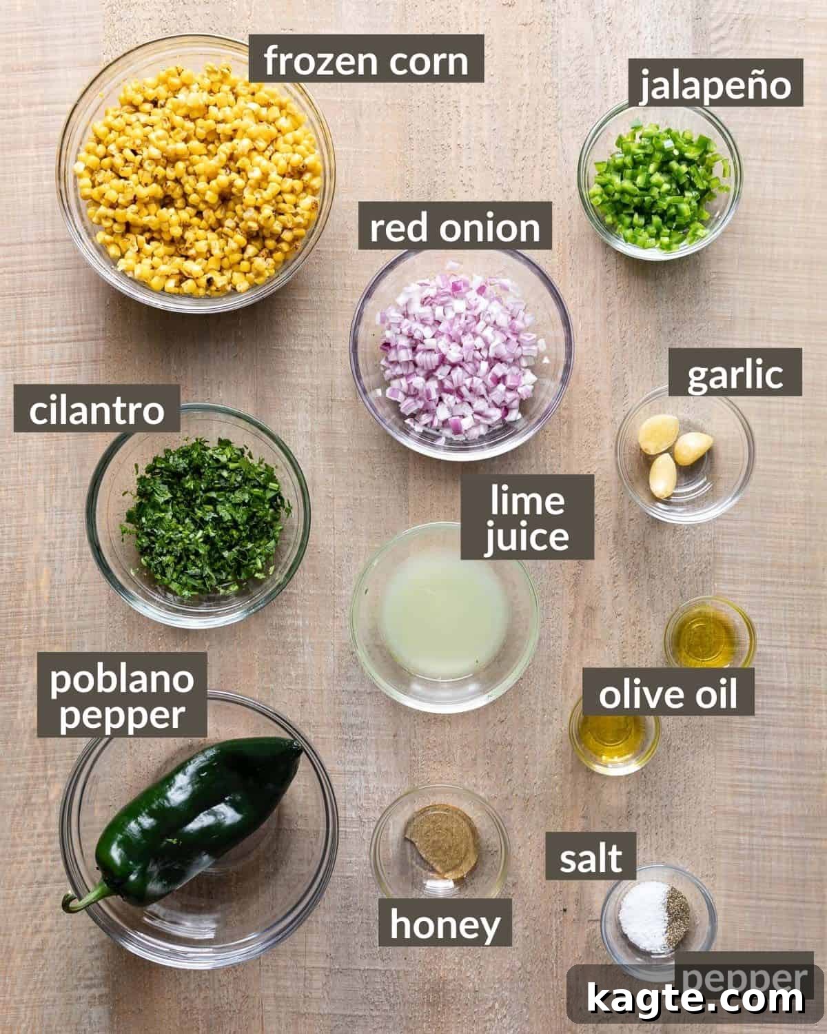 Smoky Sweet Corn & Chili Medley 3 overhead shots of ingredients needed for roasted chili corn salsa