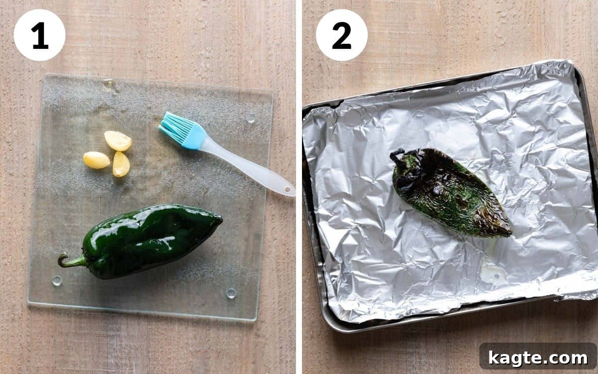 Smoky Sweet Corn & Chili Medley 4 steps 1 & 2: garlic and poblano brushed with olive oil, roasted poblano on sheet