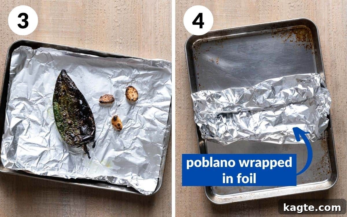 Smoky Sweet Corn & Chili Medley 5 steps 3 & 4: garlic and poblano roasted on sheet, poblano wrapped in foil