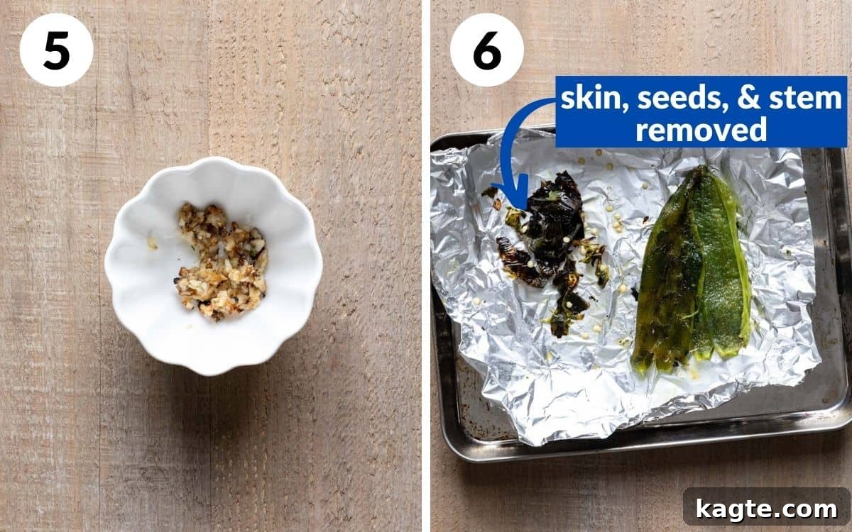 Smoky Sweet Corn & Chili Medley 6 steps 5 & 6: garlic minced in bowl, poblano with skin, seeds, and stem removed