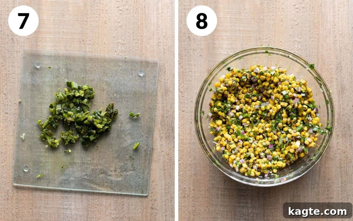 Smoky Sweet Corn & Chili Medley 7 steps 7 & 8: poblano diced, roasted chili corn salsa tossed in bowl
