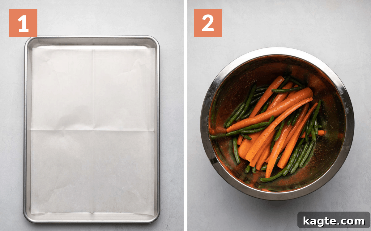 Golden Roasted Green Beans and Carrots 4 Steps 1 and 2: Overhead view of a baking sheet lined with parchment paper, and a bowl of green beans and carrots coated in olive oil and honey.