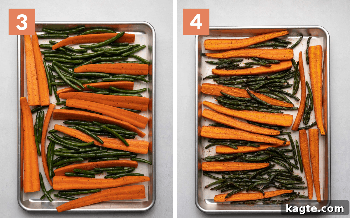 Golden Roasted Green Beans and Carrots 5 Steps 3 and 4: Overhead view of vegetables spread in a single layer on a baking sheet before roasting, and a baking sheet of perfectly roasted green beans and carrots after roasting.