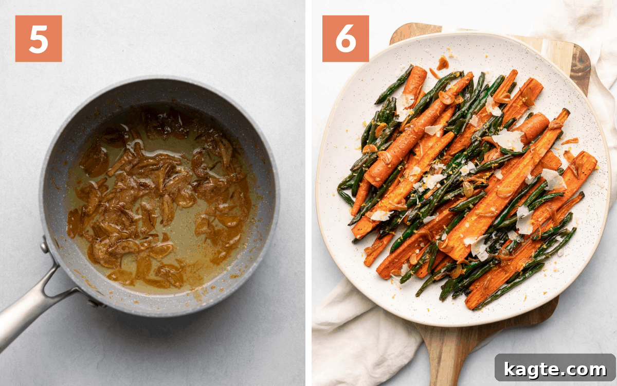 Golden Roasted Green Beans and Carrots 6 Steps 5 and 6: Overhead view of roasted green beans and carrots drizzled with garlic brown butter, lemon zest, and grated parmesan cheese.