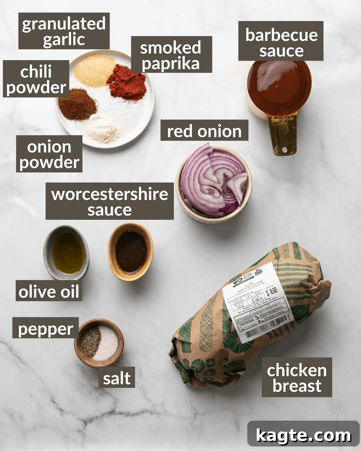 Overhead shot of all the fresh ingredients required to prepare the Instant Pot BBQ Chicken recipe.