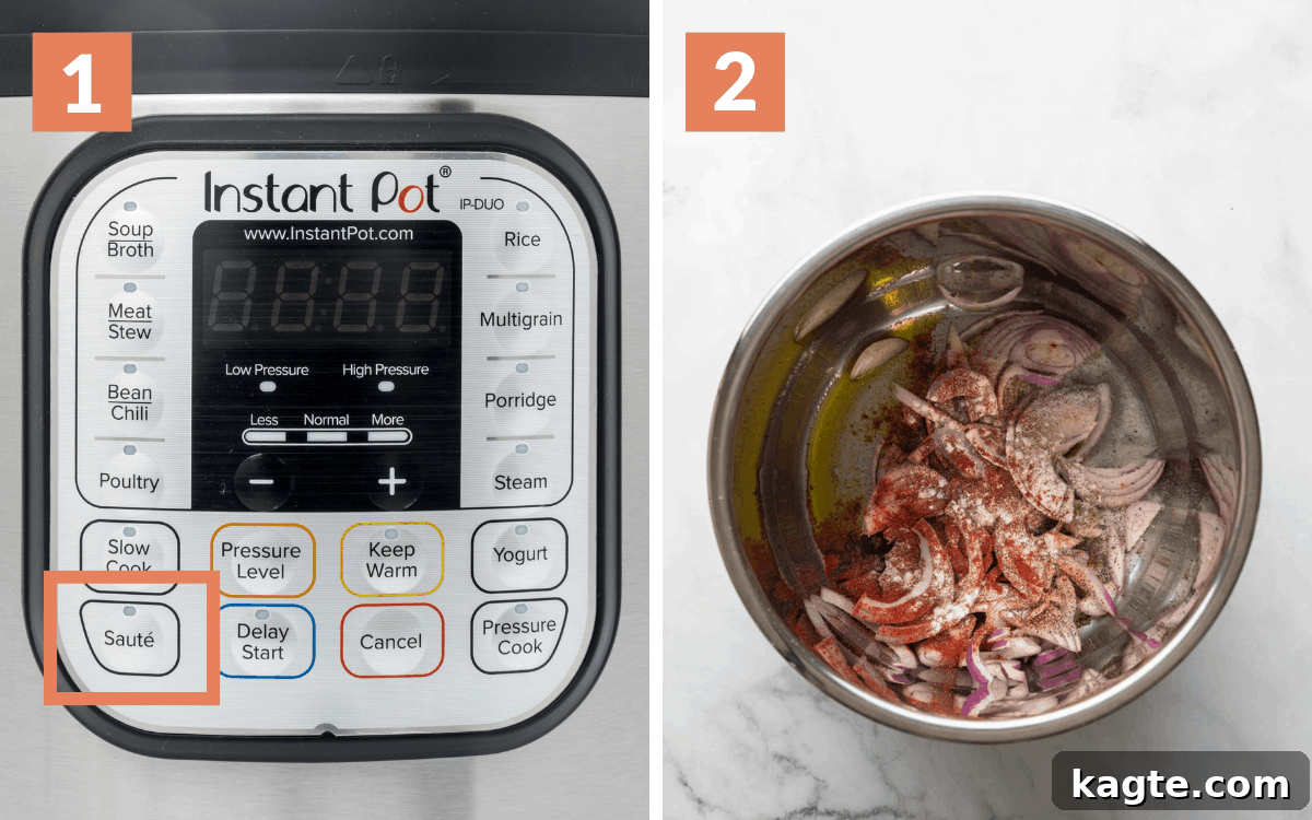 A two-part image showing step 1: preparing the Instant Pot for sautéing, and step 2: adding spices and onions to the pot.