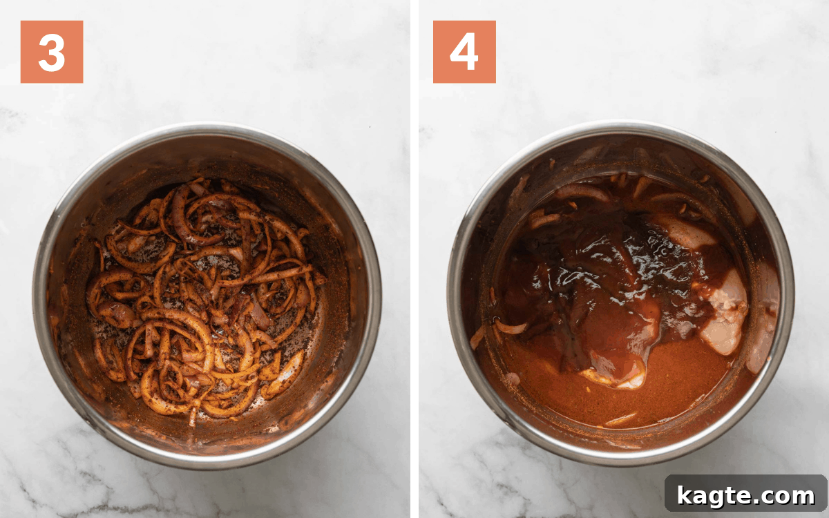 A two-part image showing step 3: sautéing the aromatics until softened, and step 4: deglazing the pot before adding chicken and sauces.
