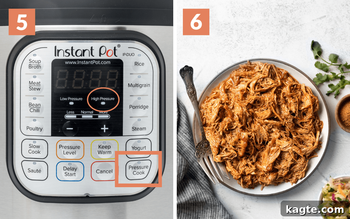A two-part image illustrating step 5: pressure cooking the chicken in the Instant Pot, and step 6: shredding the tender BBQ chicken in the pot.