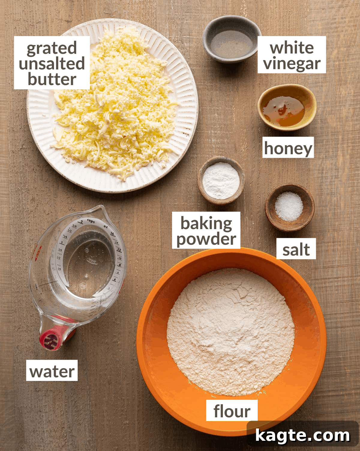 Effortless Dairy-Free Drop Biscuits 3 All the ingredients neatly laid out on a surface, ready to be combined for drop biscuits without milk.