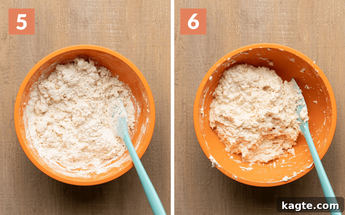 Effortless Dairy-Free Drop Biscuits 6 Two images side by side: one showing half of the wet mixture added to dry ingredients, and the other showing all wet ingredients incorporated into the dough.