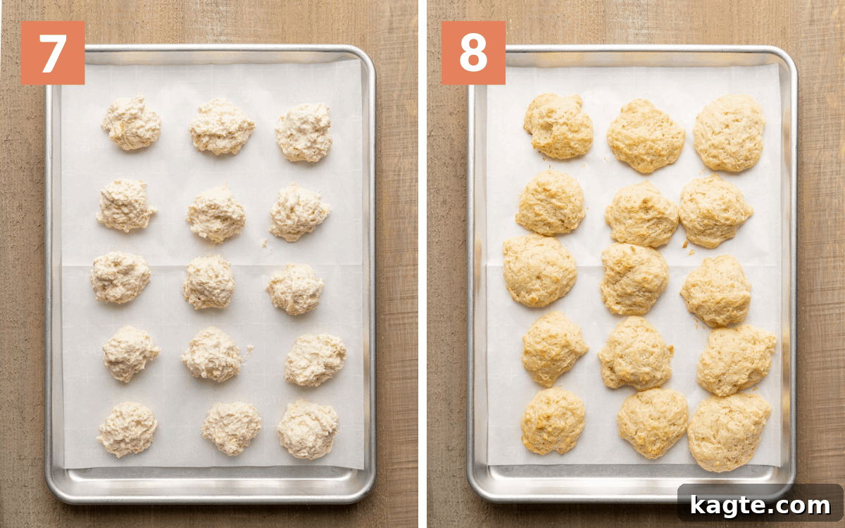 Effortless Dairy-Free Drop Biscuits 7 Two images side by side: one showing raw biscuit dough dropped onto a baking sheet, and the other showing golden-brown baked biscuits on the same sheet.