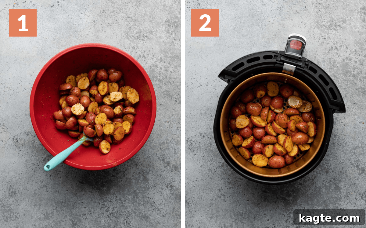 steps 1 & 2
potatoes tossed in spices and oil in large bowl
potatoes in air fryer before cooking