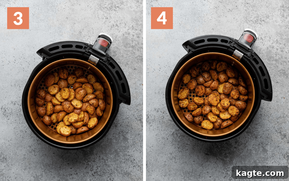 steps 3 & 4
potatoes in air fryer basket halfway through cooking
air fryer breakfast potatoes in air fryer cooked all the way