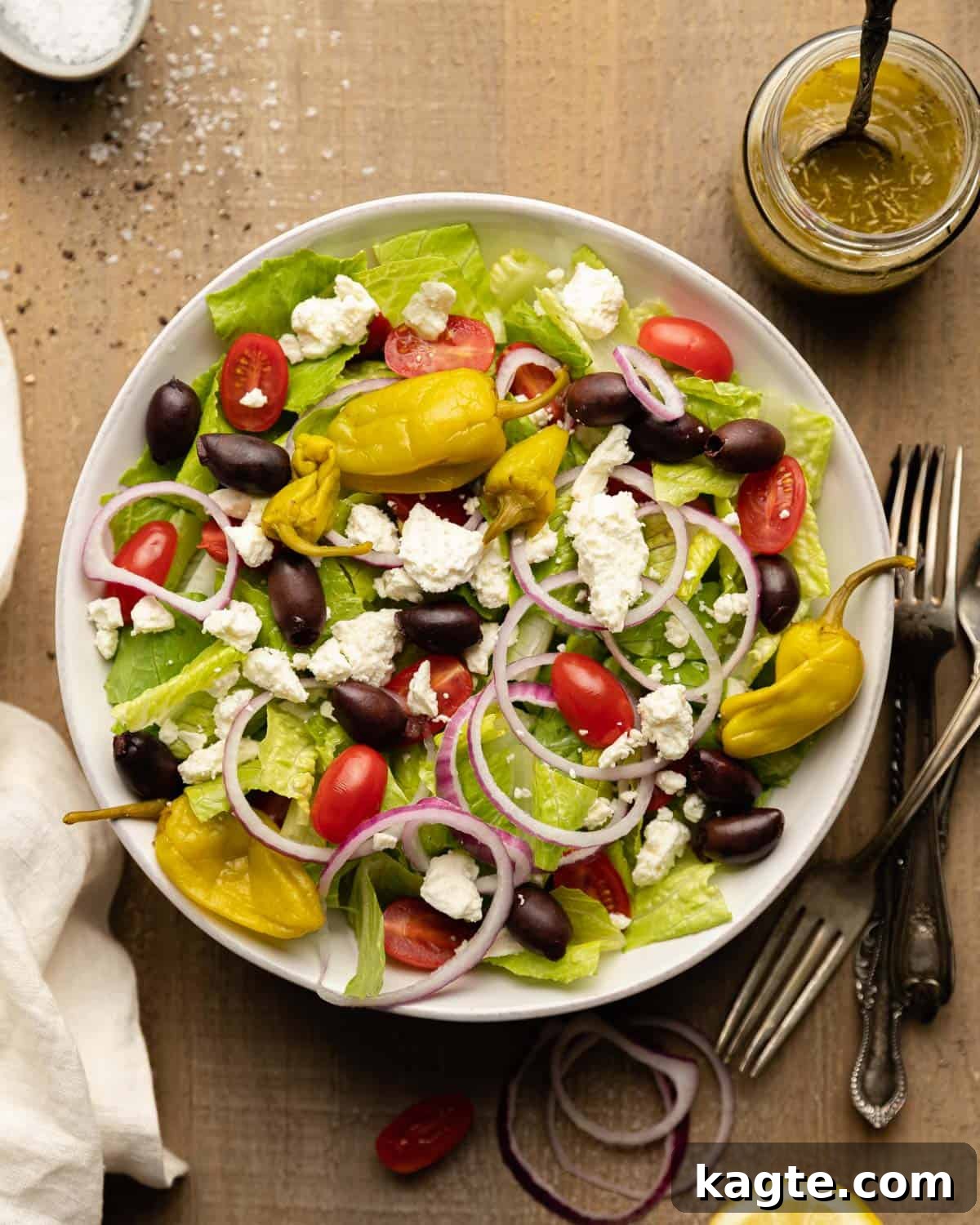 Overhead image of Panera Greek salad copycat, ready to be enjoyed.