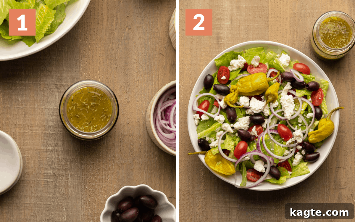 A 2 photo collage showing the assembly of Panera Greek salad copycat, from blending dressing to tossing salad.